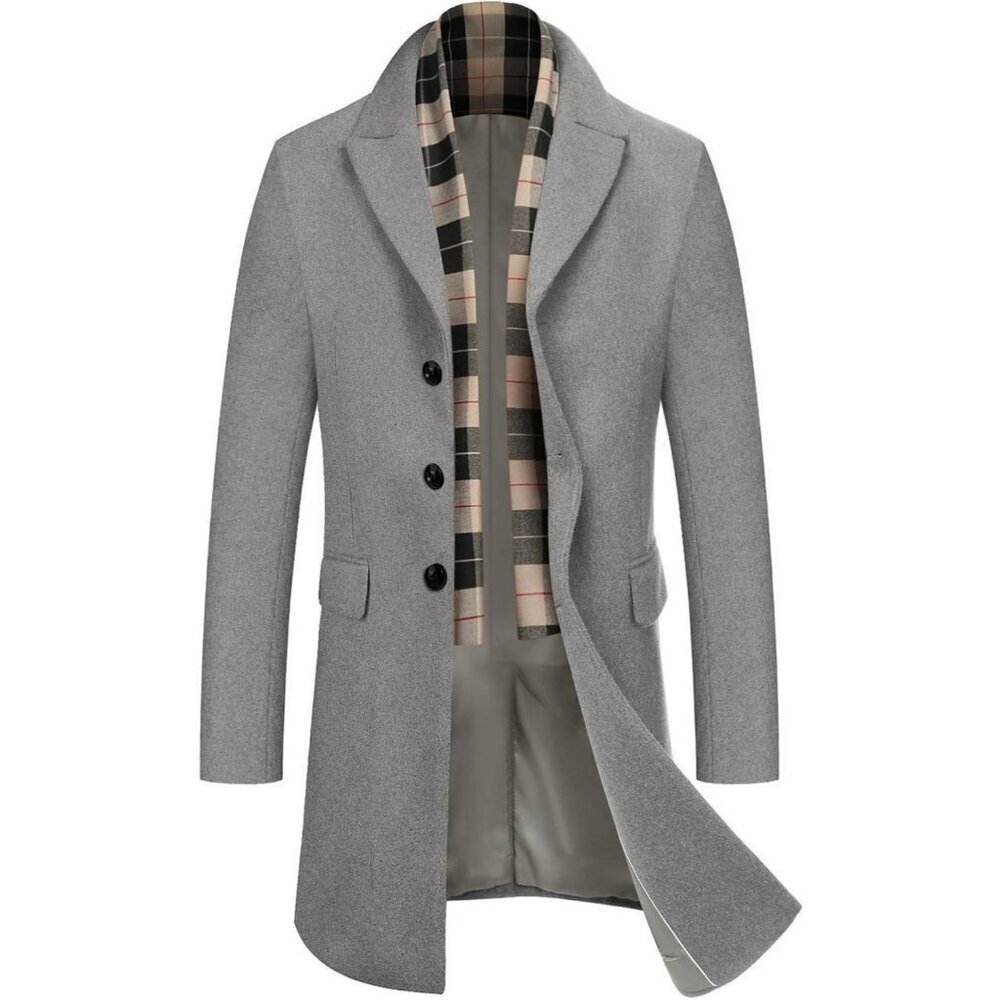 Men's Light Grey Trench Overcoat Wool Blend Coat with Detachable Single Breasted